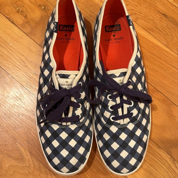 Kate Spade KEDS blue white gingham check checked tennis shoes sneakers 11 coral - Picture 3 of 17